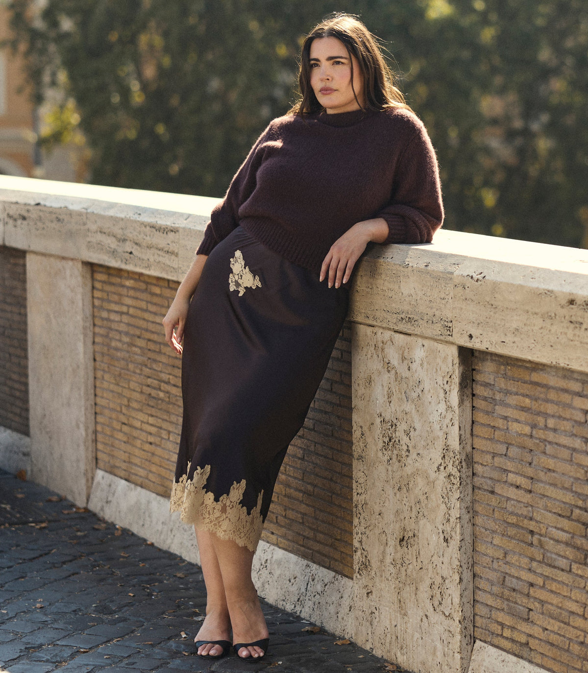 Elowen Skirt in Equestrian Brown with Cream Lace - view 2